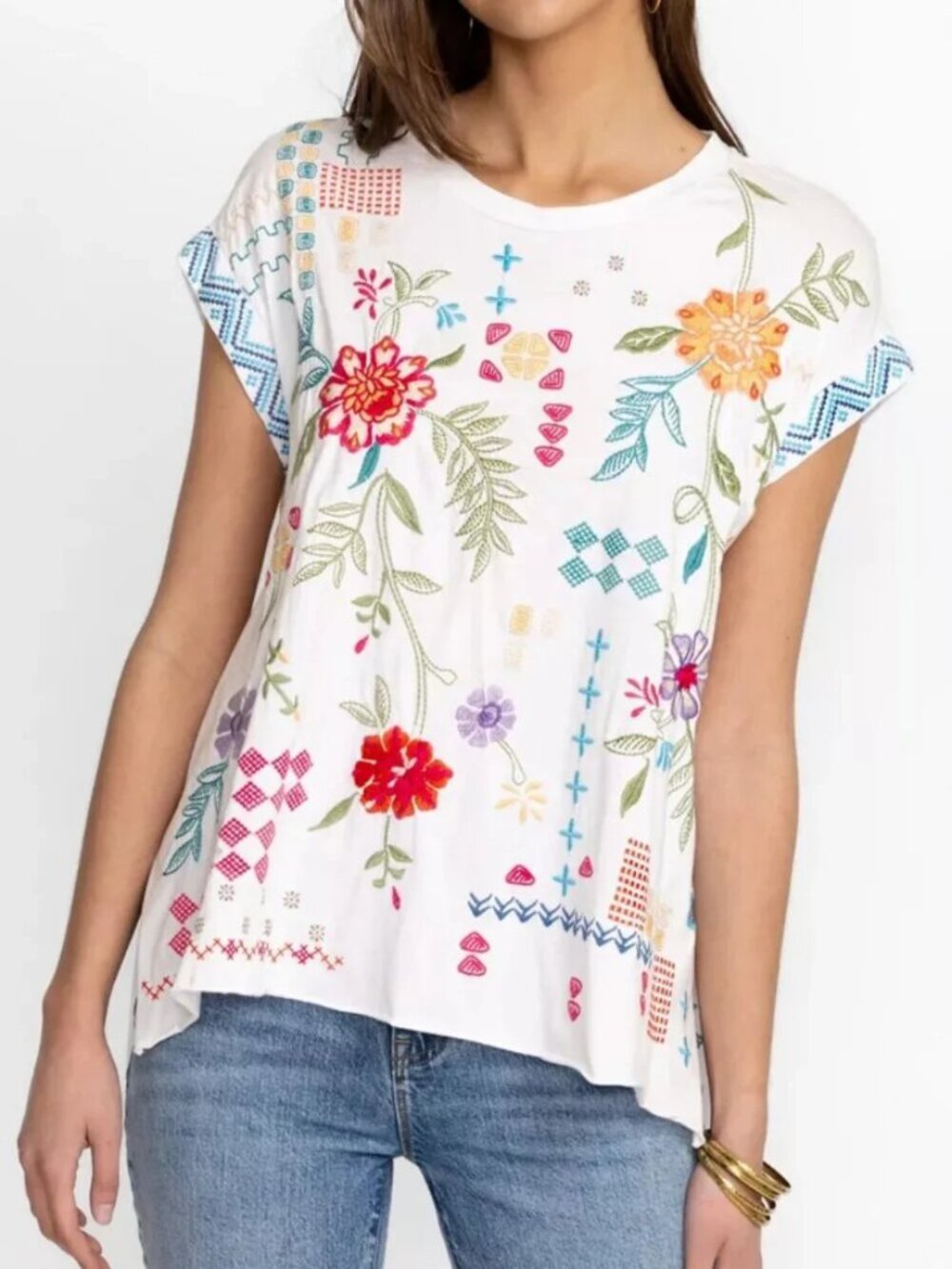 Johnny Was white embroidered short sleeve Katie relaxed draped tee - Picture 2 of 12